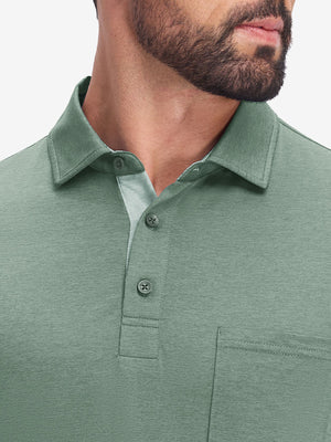 Front view from nose to chest in celadon green heather of performance heather contrast collar polo shirts.