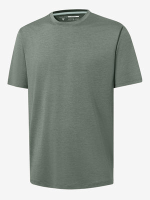 3d view of garment in celadon green heather of moisture wicking heather round neck athletic t-shirts.