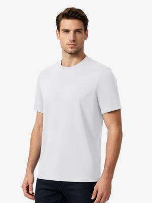 Front upper body view in white of men's short sleeve slim fit roma knit t-shirt.