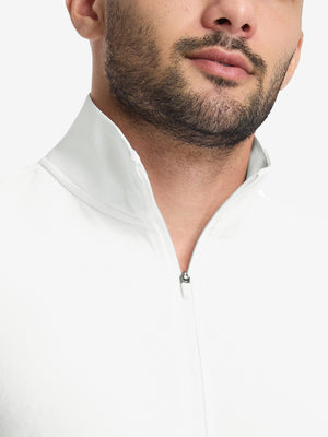 Front view from nose to chest of model wearing white waffle texture 1/4 zip pullover