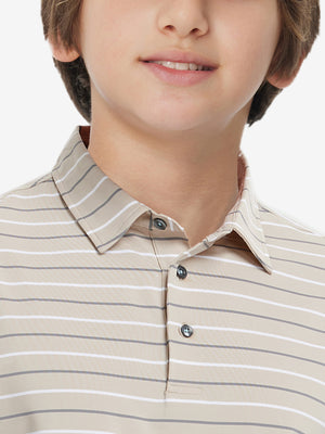 Front upper collar view of kids stylish stripe polo shirts, neat placket in light khaki stripe tone