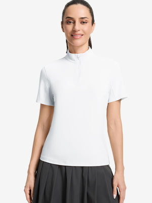 Front upper body shot of model wearing white women's breathable 1/4 zip pullover golf shirts