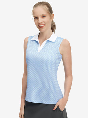 Front upper body shot of model wearing blue plaid women's sleeveless v-neck print golf shirts