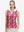 Front upper body shot of model wearing red splatter women's sleeveless v-neck print golf shirt