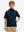 Front waist-up shot of model wearing navy water-resistant short sleeve q-zip hoodie for boys