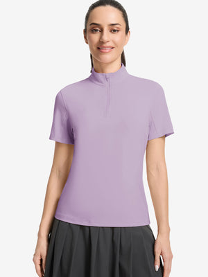 Front upper body shot of model wearing pinkish purple women's breathable 1/4 zip pullover golf shirts