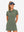 Front upper body view in mossy stone of women's lightweight golf dress with 2 pockets.