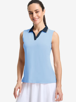 Front upper body shot of model wearing light blue women's collared v neck quick dry tank tops