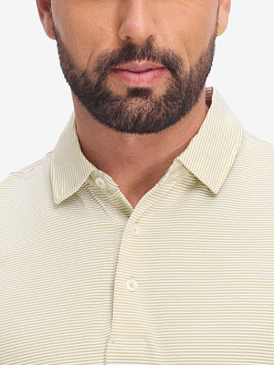 Front view from nose to chest of model wearing beige white comfy breathable pin-stripe texture golf polos