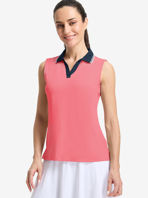 Front upper body shot of model wearing pink women's collared v neck quick dry tank tops