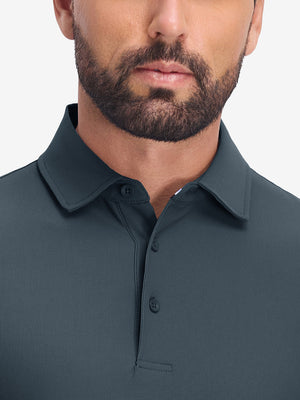 Front shot from nose to chest of model wearing dark grey dry fit waffle textured collared golf shirts
