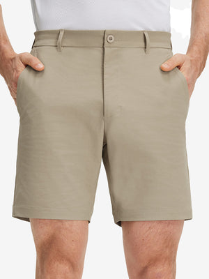 Front lower body shot of model wearing khaki grey flat front flex cotton blend golf shorts