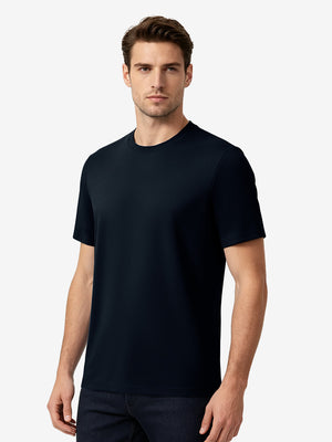 Front upper body view in  navy of men's short sleeve slim fit roma knit t-shirt.