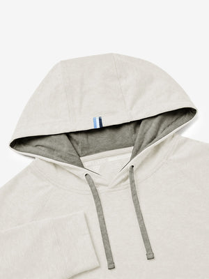 Close-up detail of hood structure, heather midlayer golf hoodies in light khaki heather
