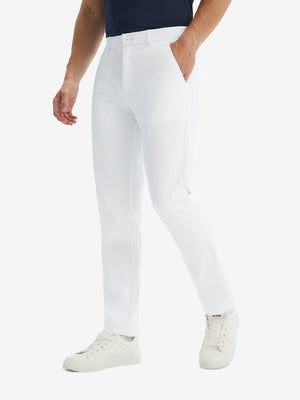 Front lower-body view of model in white  stretch quick dry casual golf pants with 4 pockets