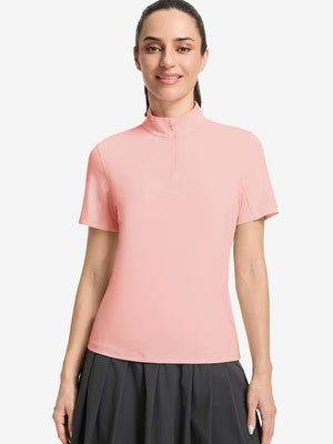 Front upper body shot of model wearing coral powder women's breathable 1/4 zip pullover golf shirts