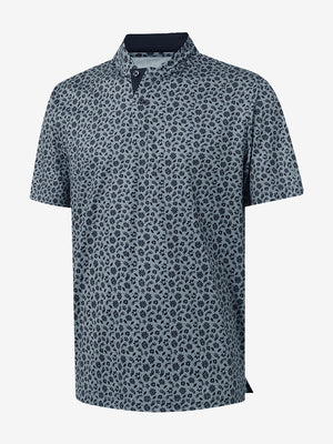 3D view of grayish blue flower stretch printed collarless henley golf shirts.