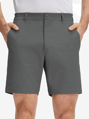 Front lower body shot of model wearing dark grey flat front flex cotton blend golf shorts
