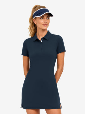 Front upper body view in navy of women's lightweight golf dress with 2 pockets.
