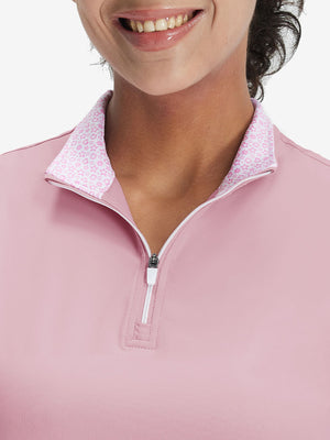 Front view from nose to chest of model wearing lavender women's athletic quarter zip tank tops