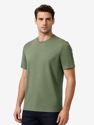 Front upper body view in green grey of men's short sleeve slim fit roma knit t-shirt