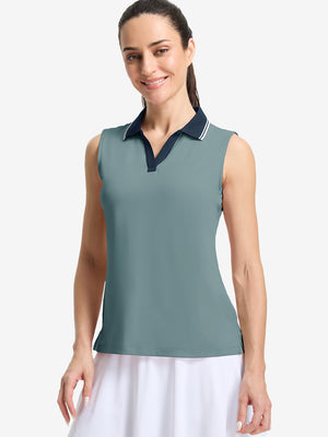 Front upper body shot of model wearing dusty blue women's collared v neck quick dry tank tops