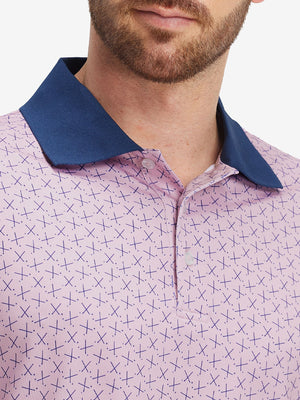 Front view from nose to chest of model wearing pink golf club premium ribbed collar print polo shirts
