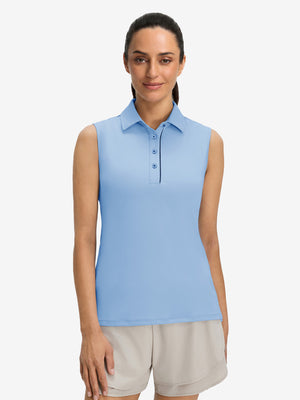 Front upper body view in light blue of women's 4 buttons golf polo shirts.