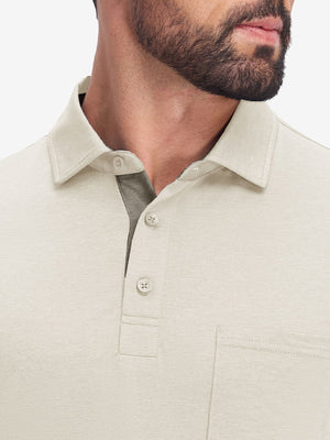  Front view from nose to chest in light khaki heather of performance heather contrast collar polo shirts.