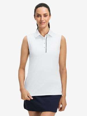Front upper body view in white of women's 4 buttons golf polo shirts.