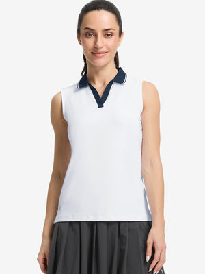 Front upper body shot of model wearing white women's collared v neck quick dry tank tops