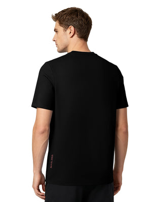 Back upper body view in black of men's short sleeve slim fit roma knit t-shirt.