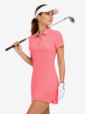 Front upper body view in lavender of women's lightweight golf dress with 2 pockets.