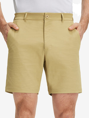 Front lower body shot of model wearing khaki flat front flex cotton blend golf shorts