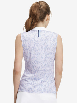 Back upper body shot of model wearing pink purple rose women's sleeveless v-neck print golf shirts