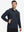 Model with one hand in pocket wearing full zip fleece hoodied jacket in navy, relaxed look.
