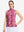Front upper body shot of model wearing red splatter women's sleeveless q-zip print quick dry golf tops