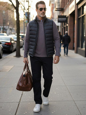 Texture heather fleece lined 1/4 zip pullover, street look with leather bag and sunglasses in dark red