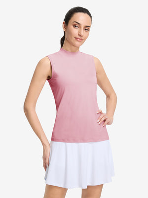 Front upper body shot of model wearing lavender women's moisture-wicking mock neck sleeveless golf tops