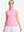 Front upper body shot of model wearing pink white florals women's sleeveless q-zip print quick dry golf tops