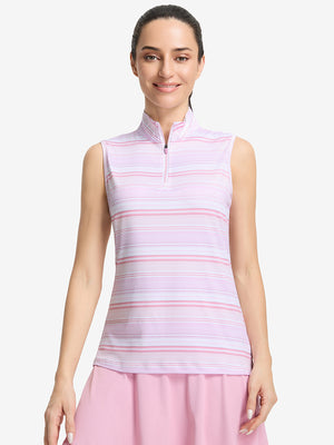 Front upper body shot of model wearing pink purple stripes women's sleeveless q-zip print quick dry golf tops