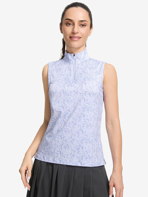 Front upper body shot of model wearing pink purple rose women's sleeveless q-zip print quick dry golf tops