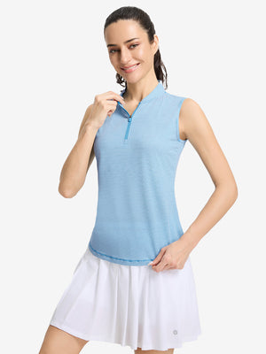 Front upper body shot of model wearing blue white women's q-zip pin striped texture golf shirts