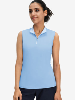 Front upper body shot of model wearing light blue women's athletic quarter zip tank tops