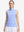 Front upper body shot of model wearing white blue stripes women's sleeveless q-zip print quick dry golf tops