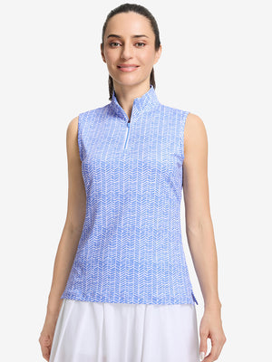 Front upper body shot of model wearing white blue stripes women's sleeveless q-zip print quick dry golf tops