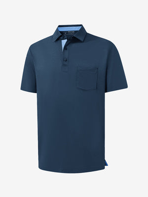 3d view of garment in dark blue heather of performance heather contrast collar polo shirts.