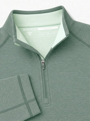Close-up display of shirt collar structural details, dry fit athletic 1/4 zip sweatshirt in celandon green heather