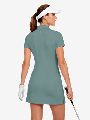 Back upper body view in dusty blue of women's lightweight golf dress with 2 pockets.