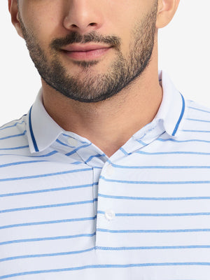 Front shot from nose to chest of model wearing white/cabana swim heather non-curl ribbed collar striped polo shirts